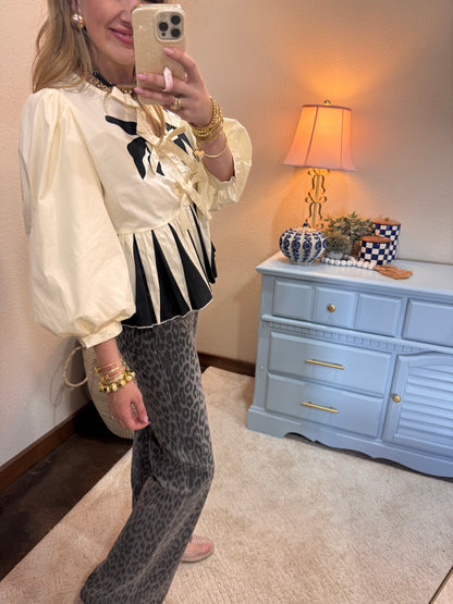 Black and Cream Front Tie Ruffle Top