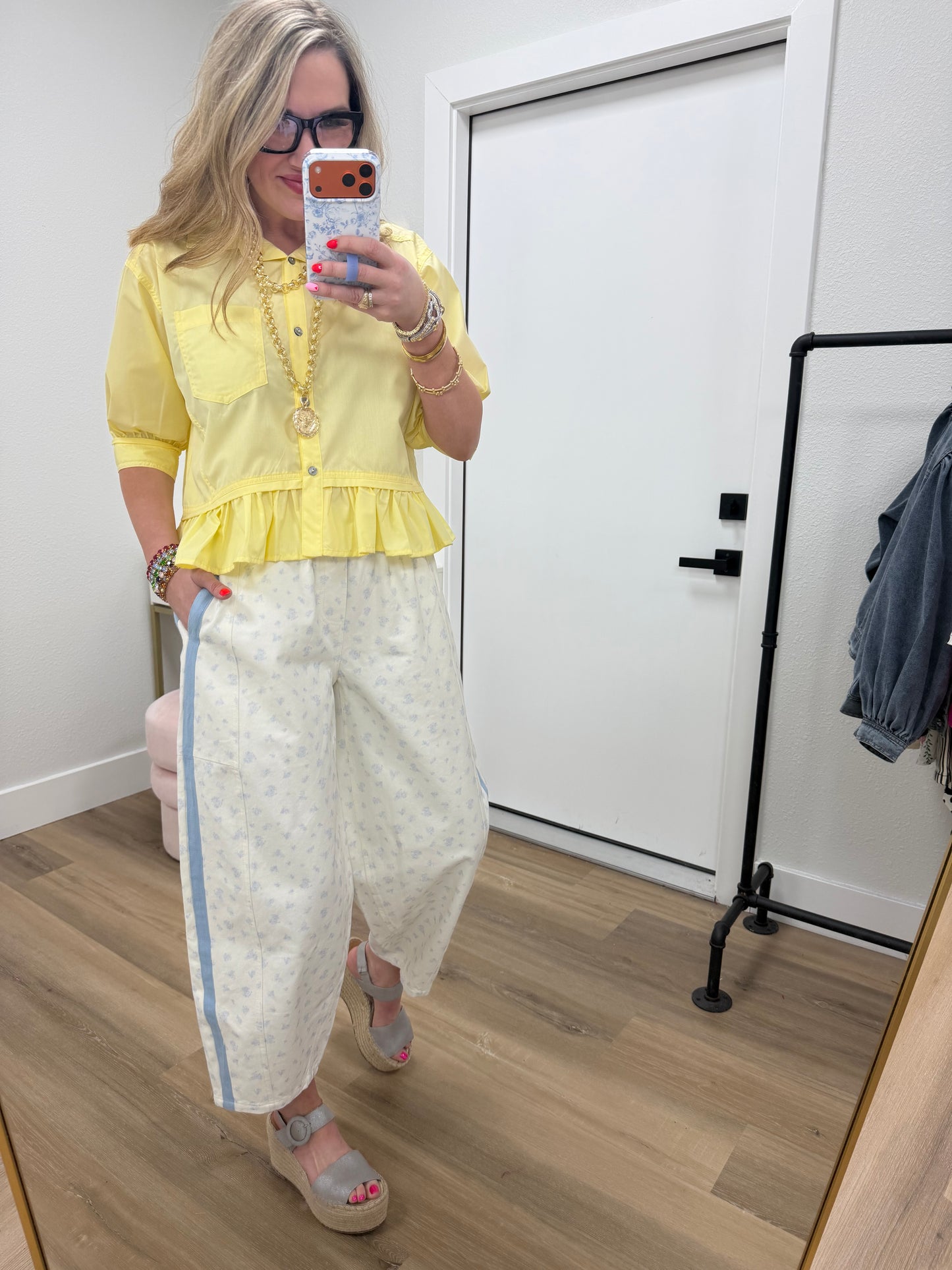 Yellow Collared Ruffle Bottom Top