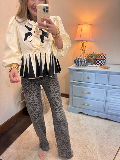 Black and Cream Front Tie Ruffle Top