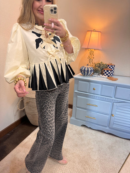 Black and Cream Front Tie Ruffle Top