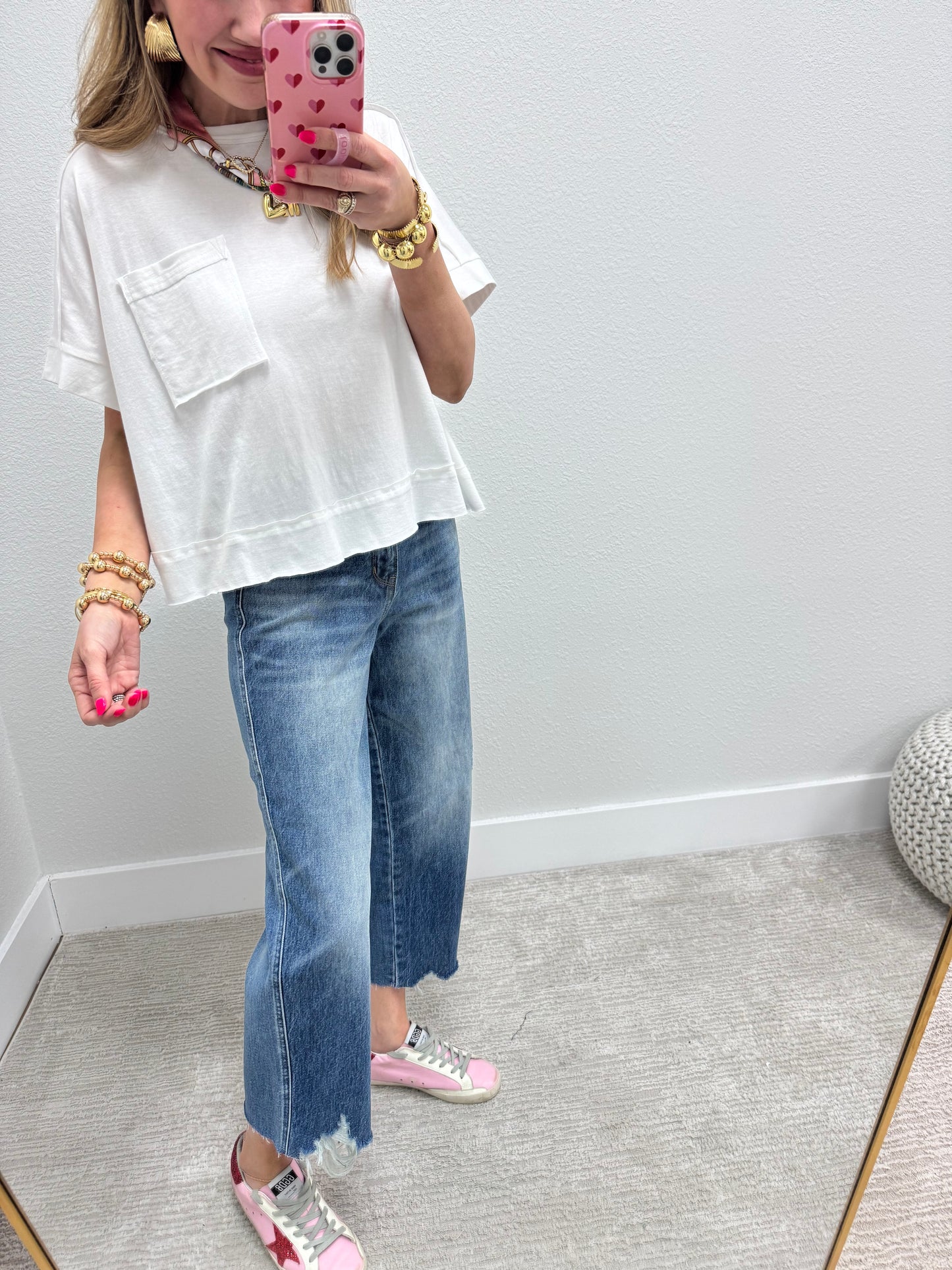 White Exposed Hem Boxy Crop Short Sleeve