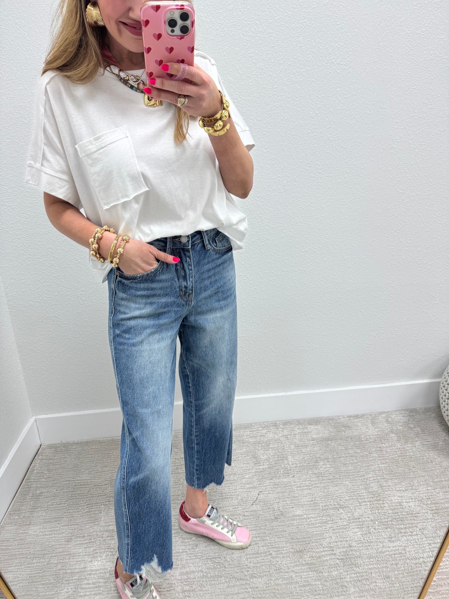 White Exposed Hem Boxy Crop Short Sleeve