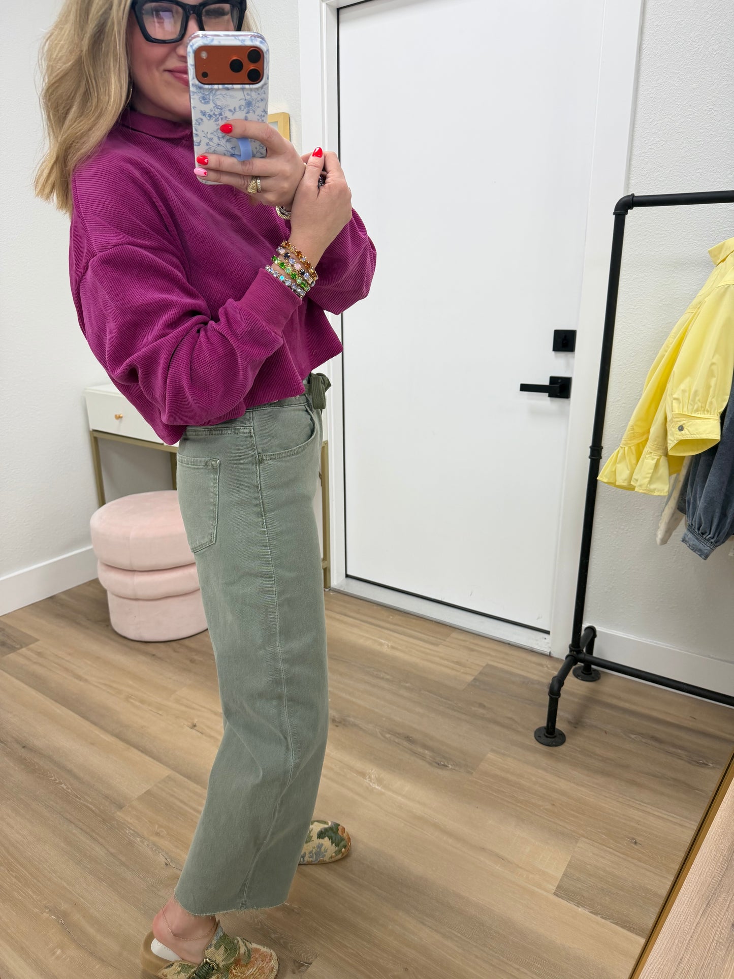 Raspberry Collared Ribbed Top