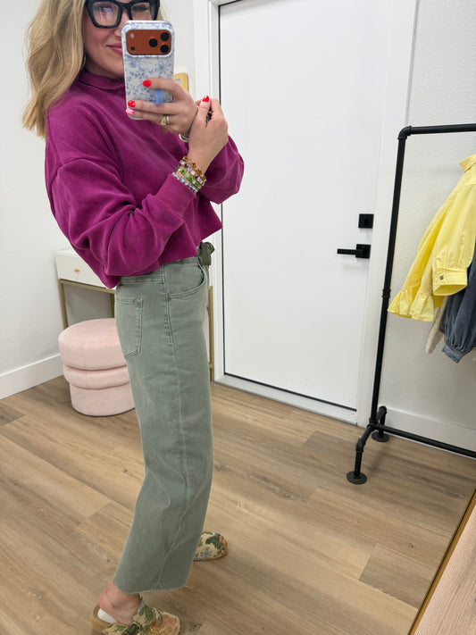 Olive Vervet High Rise Wide Barrel Jeans