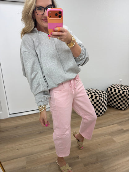 Grey Scuba V-Neck Drawstring Bubble Hem Sweatshirt