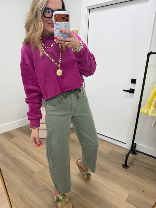 Olive Vervet High Rise Wide Barrel Jeans