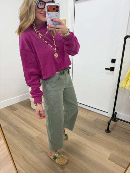 Raspberry Collared Ribbed Top