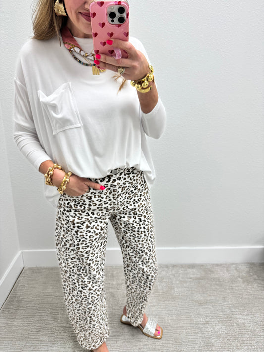 White Ribbed Long Sleeve Pocket Top