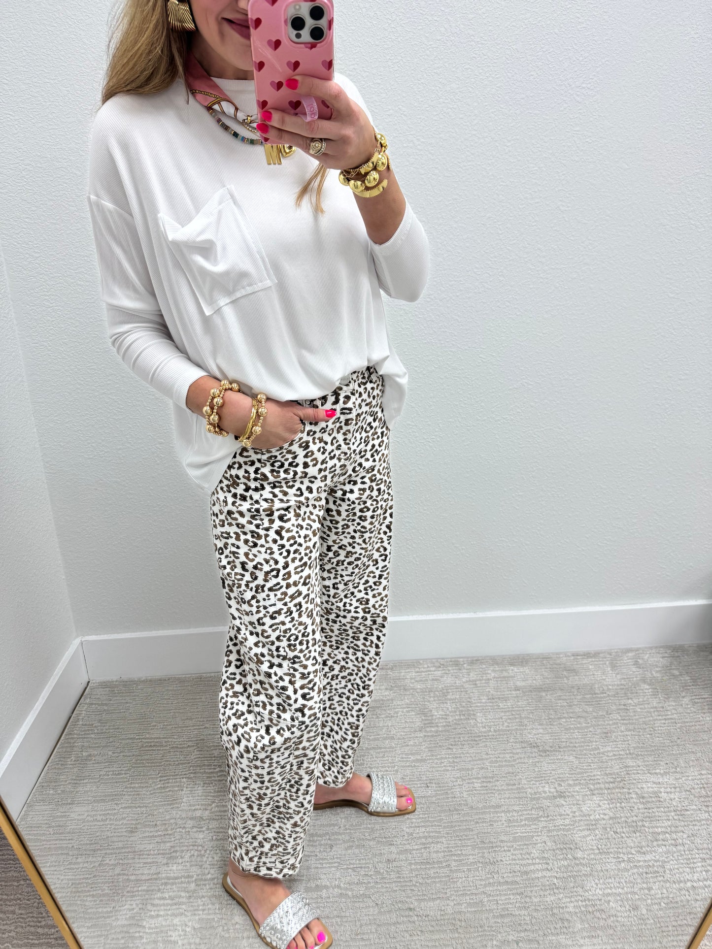 White Ribbed Long Sleeve Pocket Top