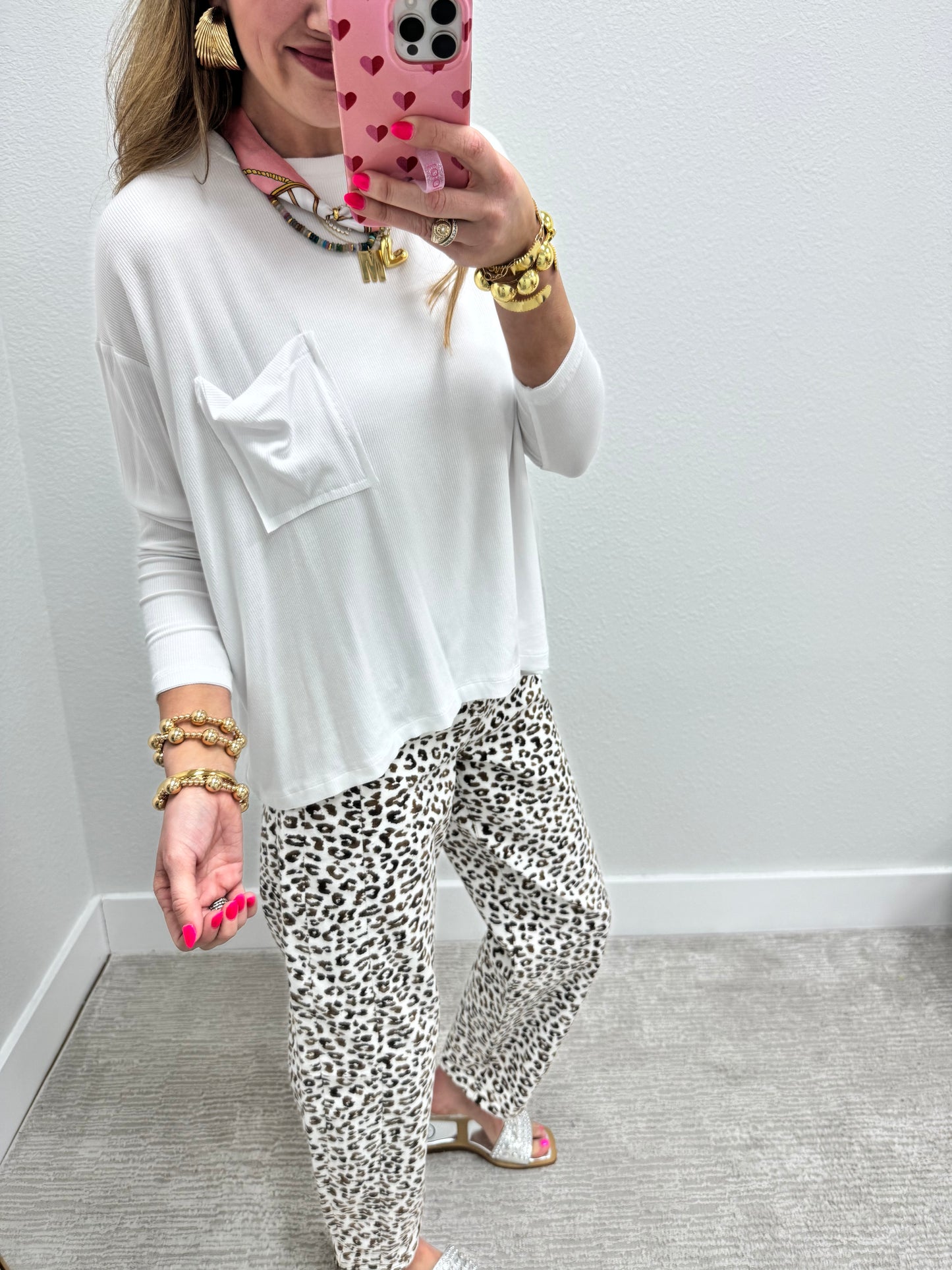 White Ribbed Long Sleeve Pocket Top