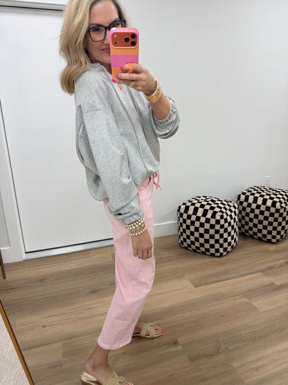 Grey Scuba V-Neck Drawstring Bubble Hem Sweatshirt