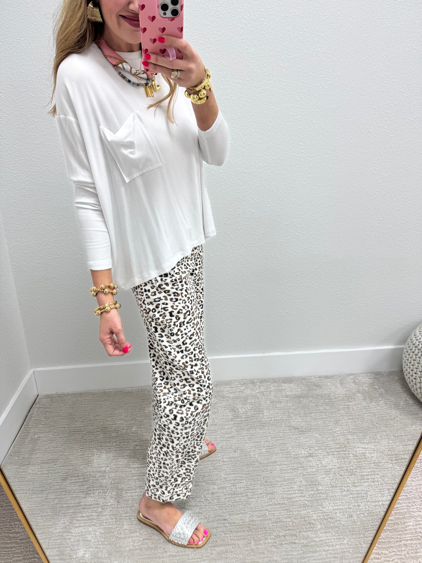 White Ribbed Long Sleeve Pocket Top