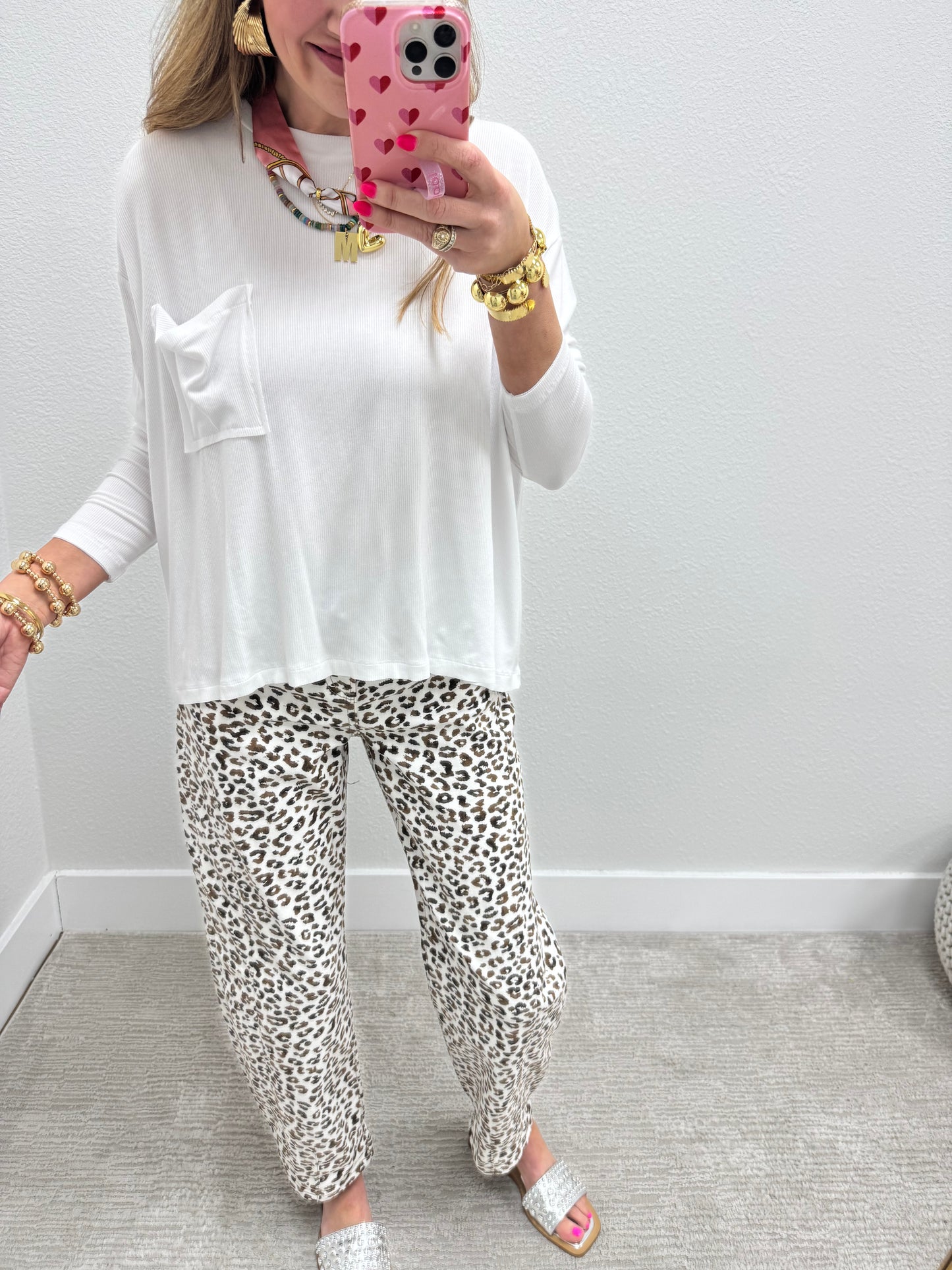 White Ribbed Long Sleeve Pocket Top