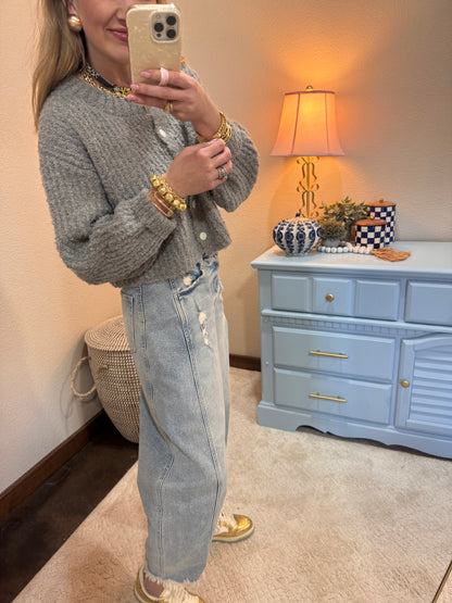 Gray Fluffy Knit Button-up Cardigan Sweater FS