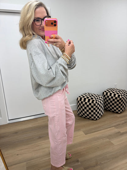 Grey Scuba V-Neck Drawstring Bubble Hem Sweatshirt