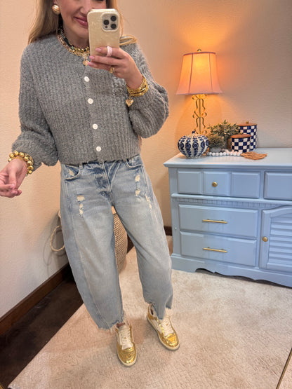Gray Fluffy Knit Button-up Cardigan Sweater FS
