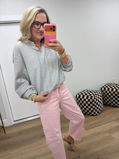 Grey Scuba V-Neck Drawstring Bubble Hem Sweatshirt