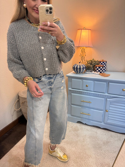 Gray Fluffy Knit Button-up Cardigan Sweater FS