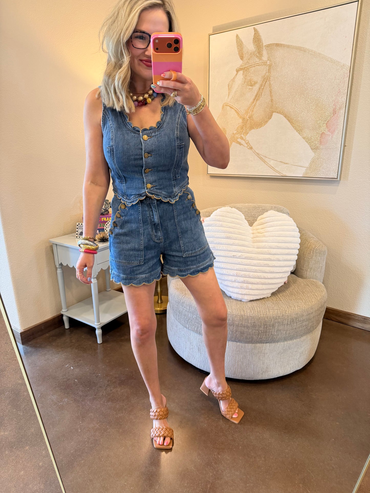 Drift Blue Scallop Edged Two Piece Denim Short Set
