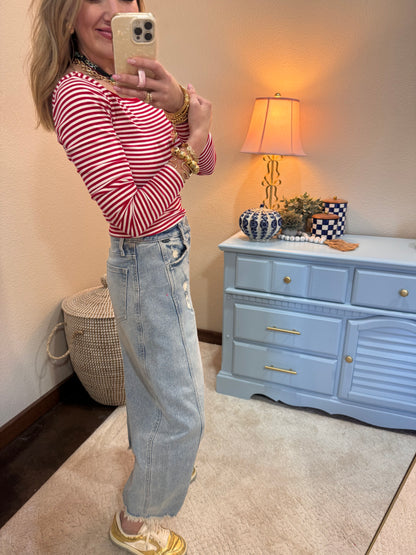 Red & White Striped Ribbed Crop Long Sleeve Top