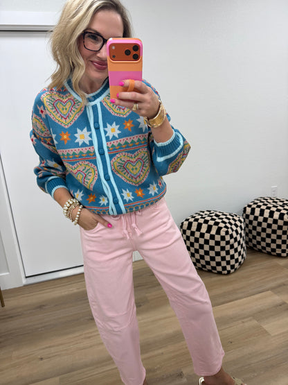 Steel Blue Pink Colorful Heart Knit Sweater Cardigan
