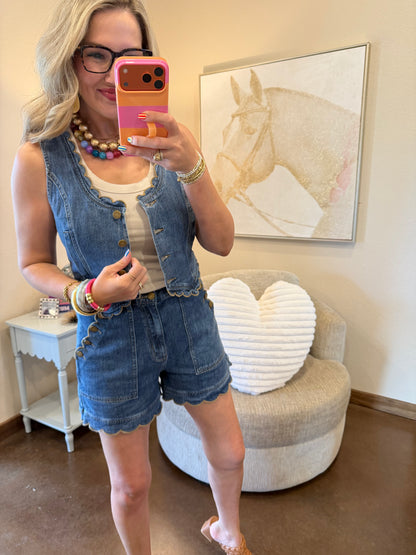 Drift Blue Scallop Edged Two Piece Denim Short Set