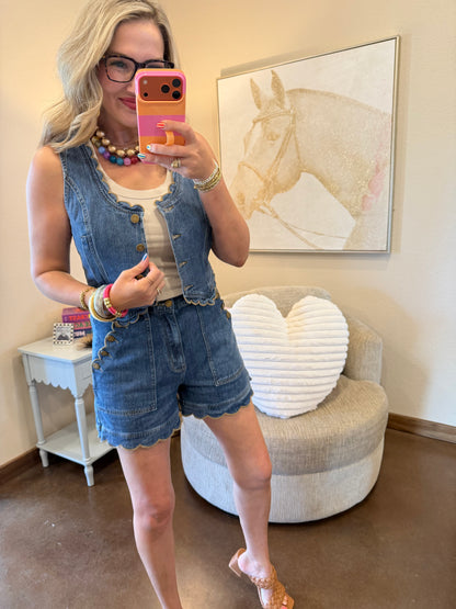 Drift Blue Scallop Edged Two Piece Denim Short Set