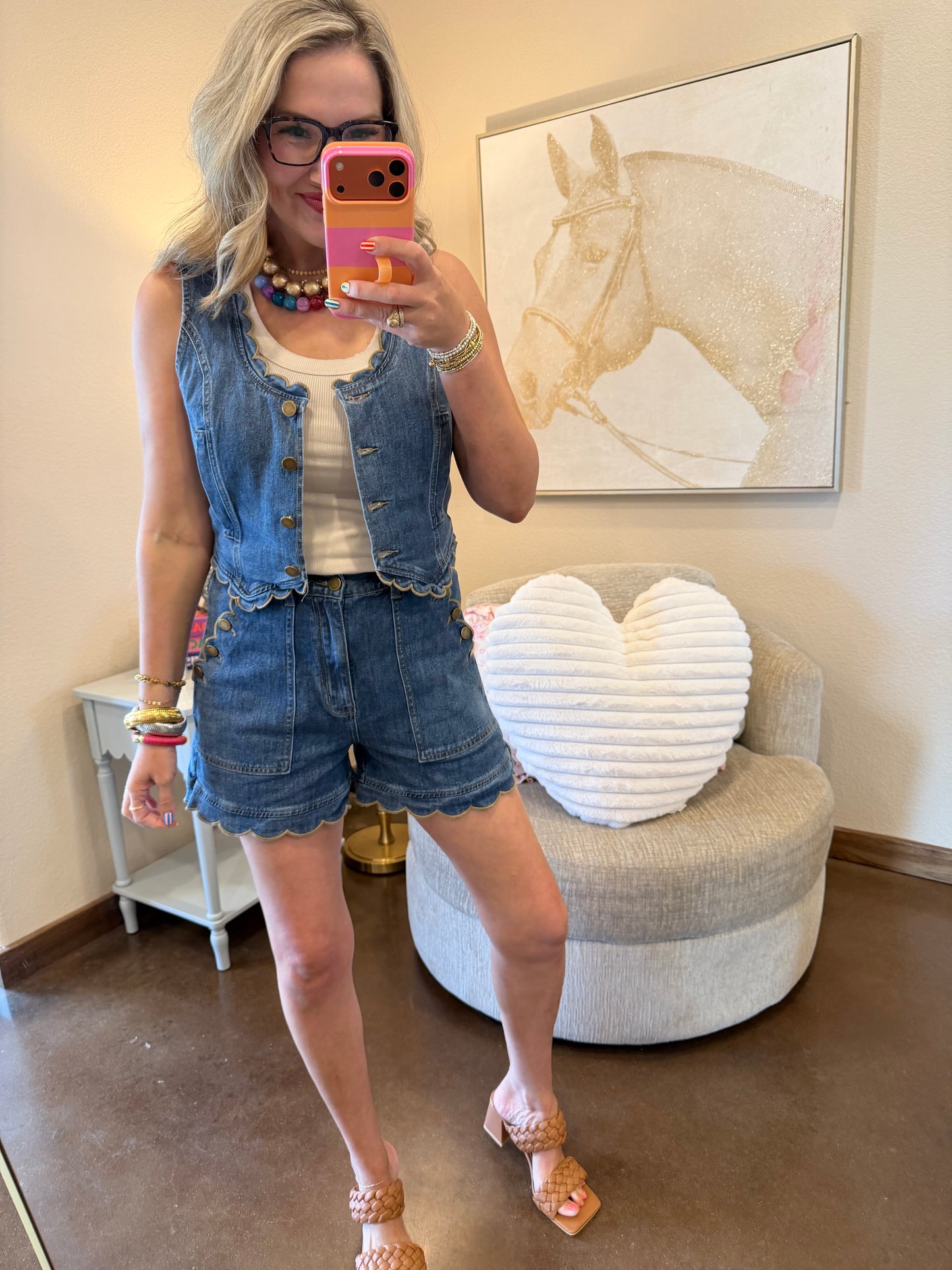 Drift Blue Scallop Edged Two Piece Denim Short Set