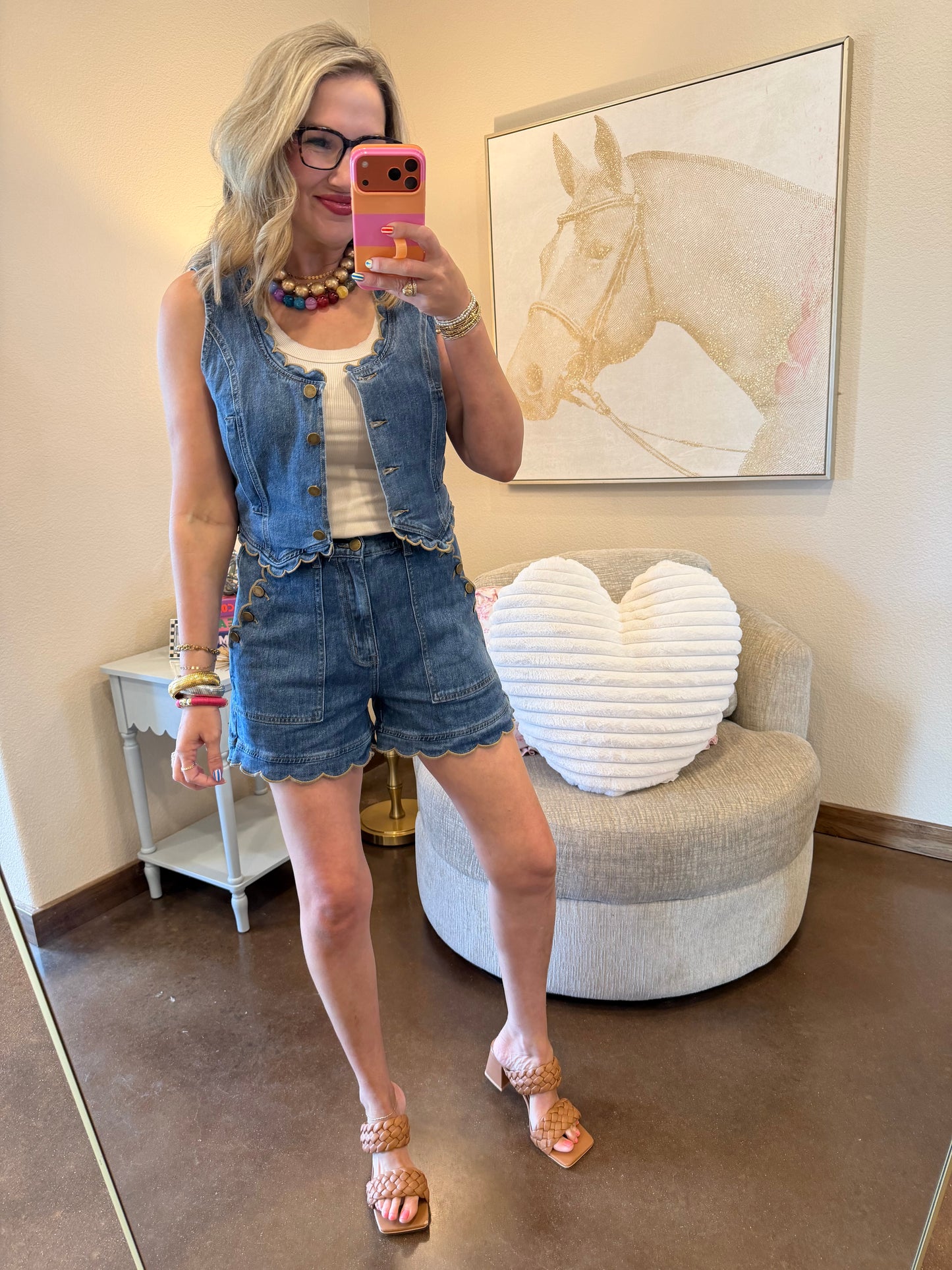 Drift Blue Scallop Edged Two Piece Denim Short Set