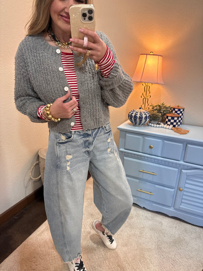 Gray Fluffy Knit Button-up Cardigan Sweater FS
