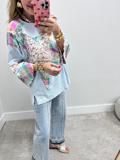 Sky Blue Star Detail Oversized 3/4 Sleeve Top