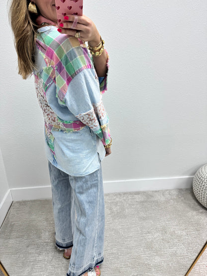 Sky Blue Star Detail Oversized 3/4 Sleeve Top