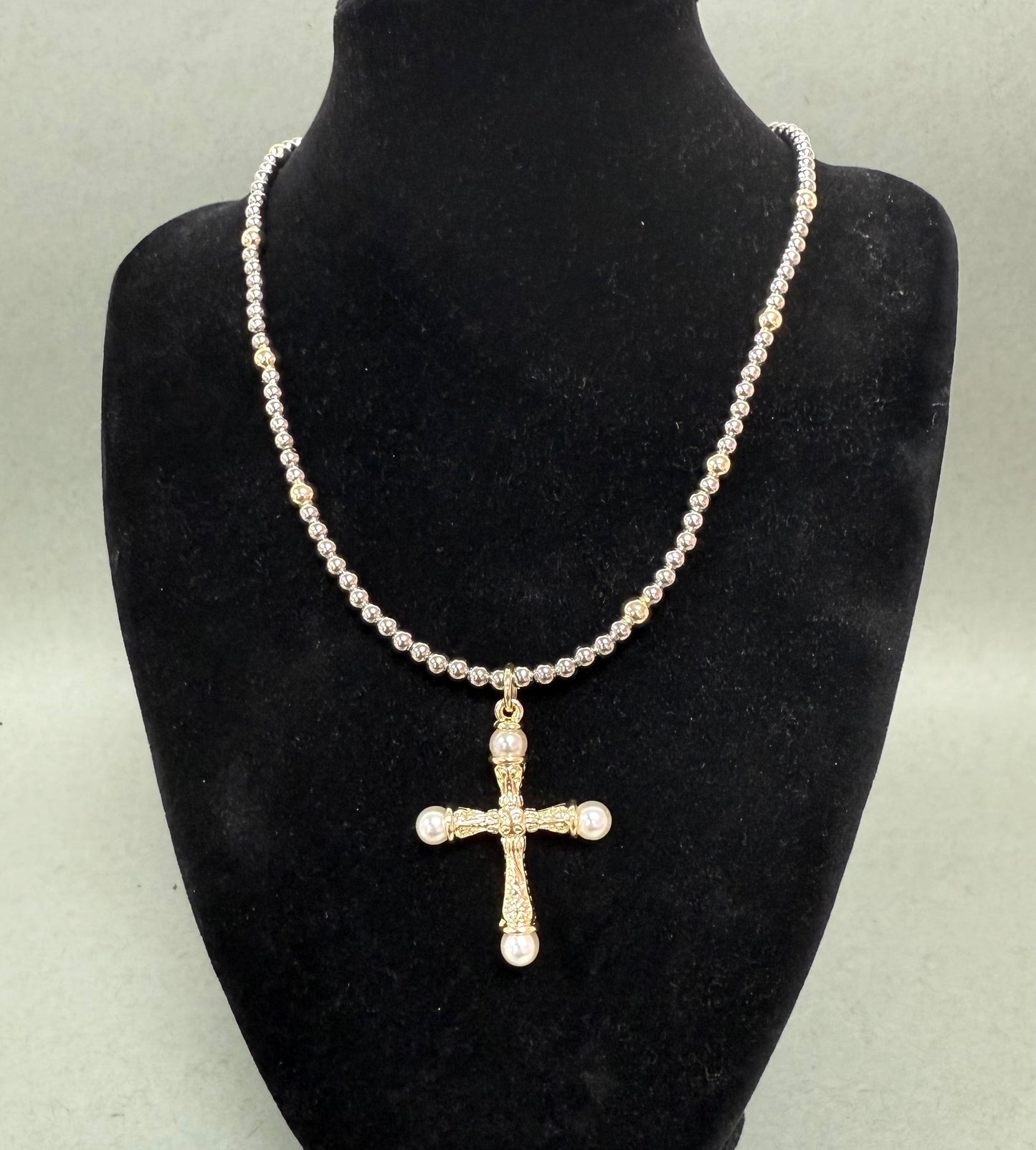 Mixed Metal Beaded Pearl Cross Necklace