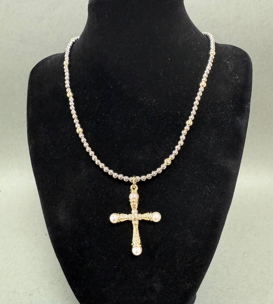 Mixed Metal Beaded Pearl Cross Necklace