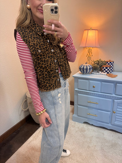 Red & White Striped Ribbed Crop Long Sleeve Top