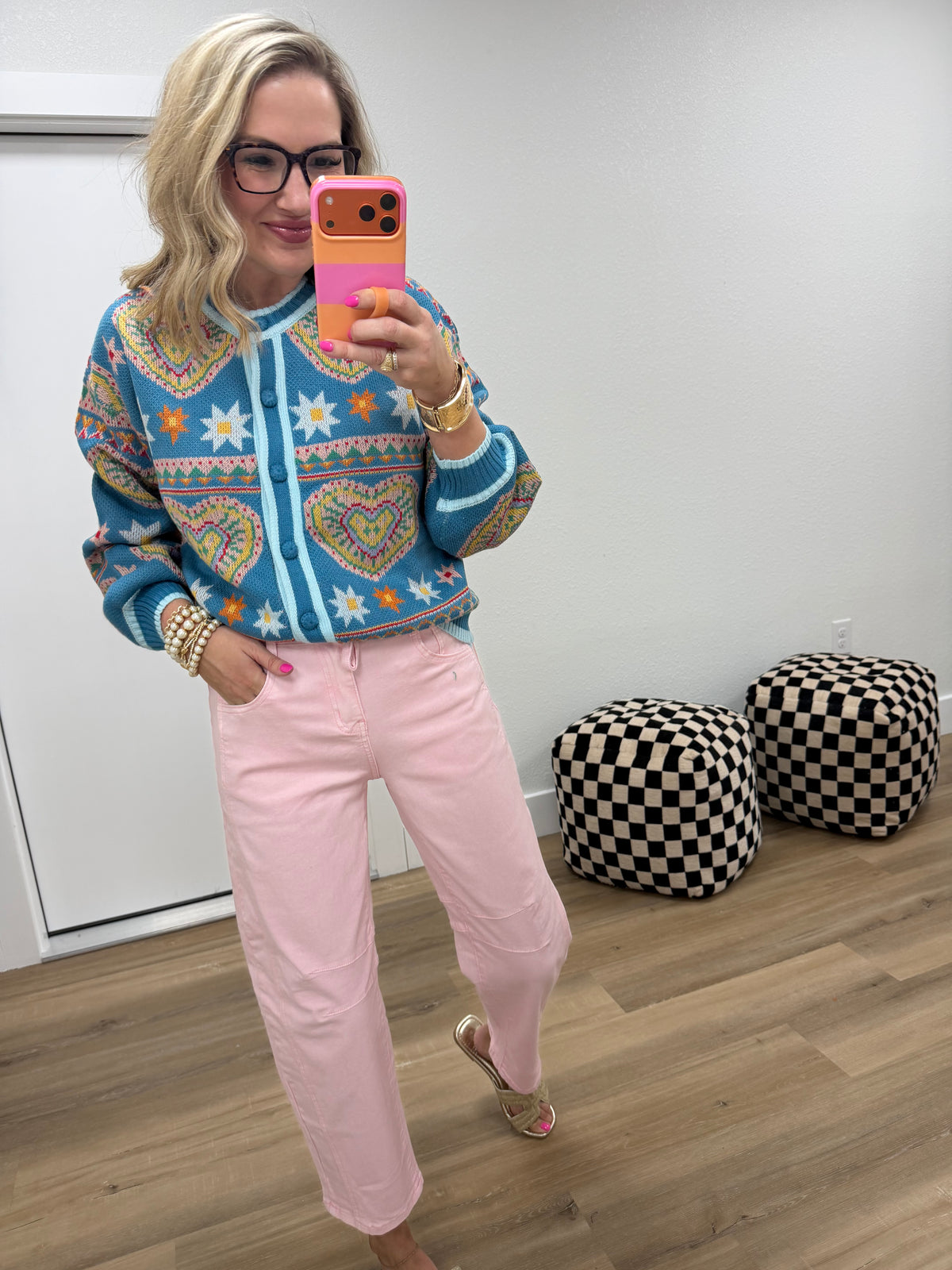 Steel Blue Pink Colorful Heart Knit Sweater Cardigan