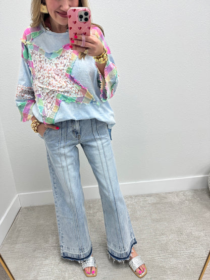 Sky Blue Star Detail Oversized 3/4 Sleeve Top