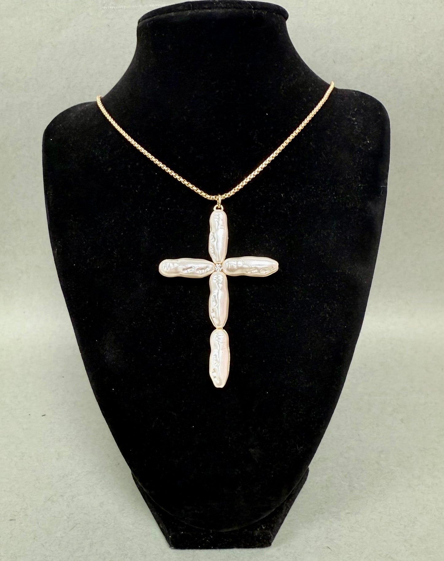 24" Mother of Pearl Drop Cross Necklace (Silver & Gold)