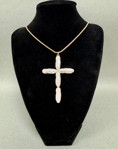 24" Mother of Pearl Drop Cross Necklace (Silver & Gold)