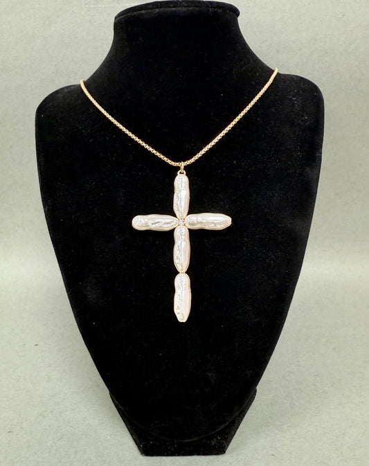 24" Mother of Pearl Drop Cross Necklace (Silver & Gold)
