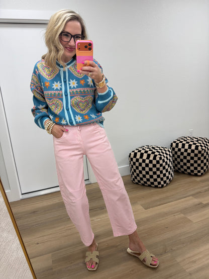 Steel Blue Pink Colorful Heart Knit Sweater Cardigan
