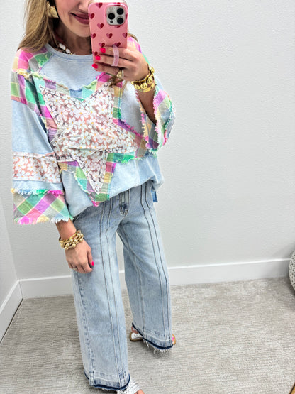 Sky Blue Star Detail Oversized 3/4 Sleeve Top