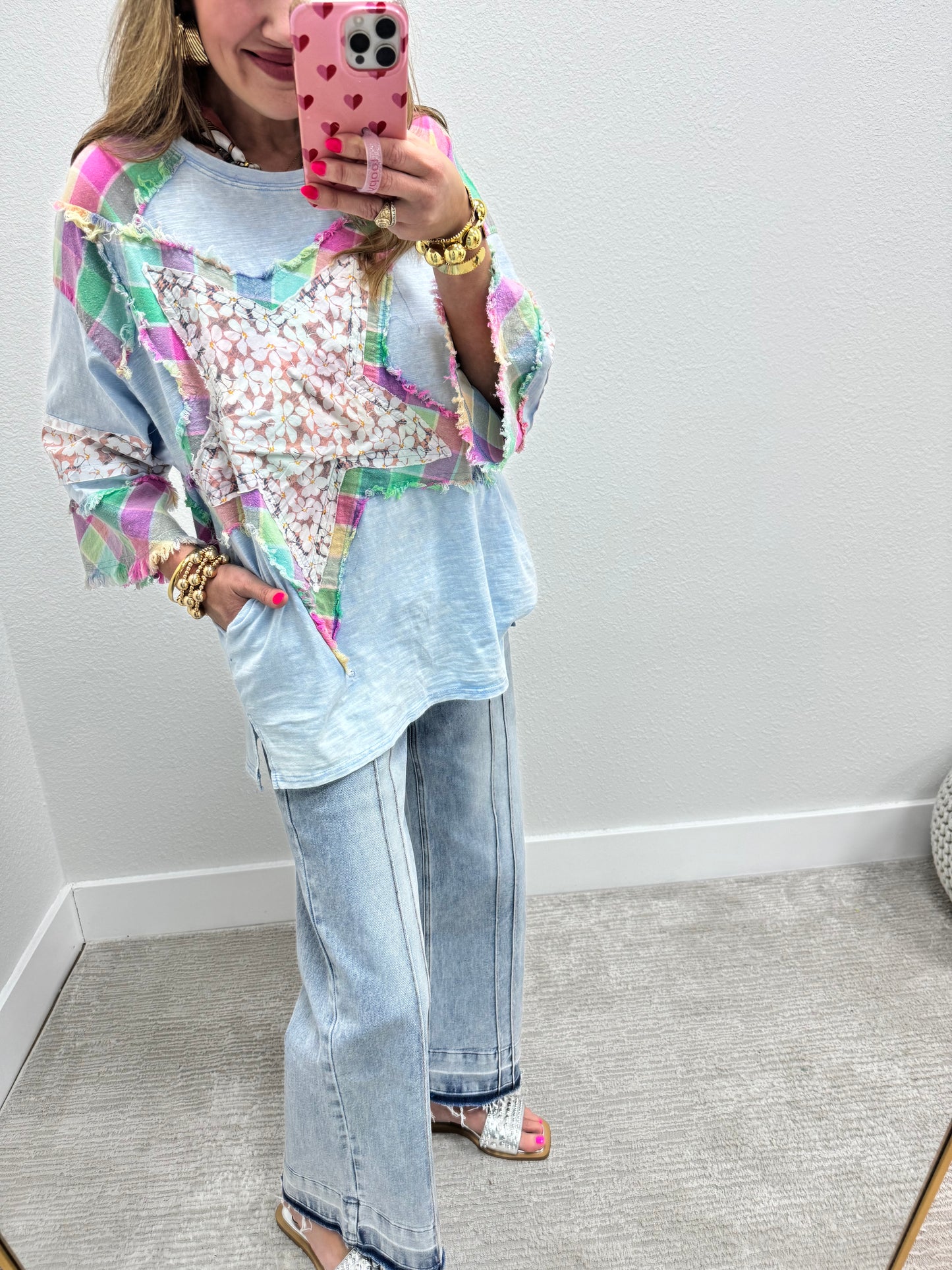 Sky Blue Star Detail Oversized 3/4 Sleeve Top