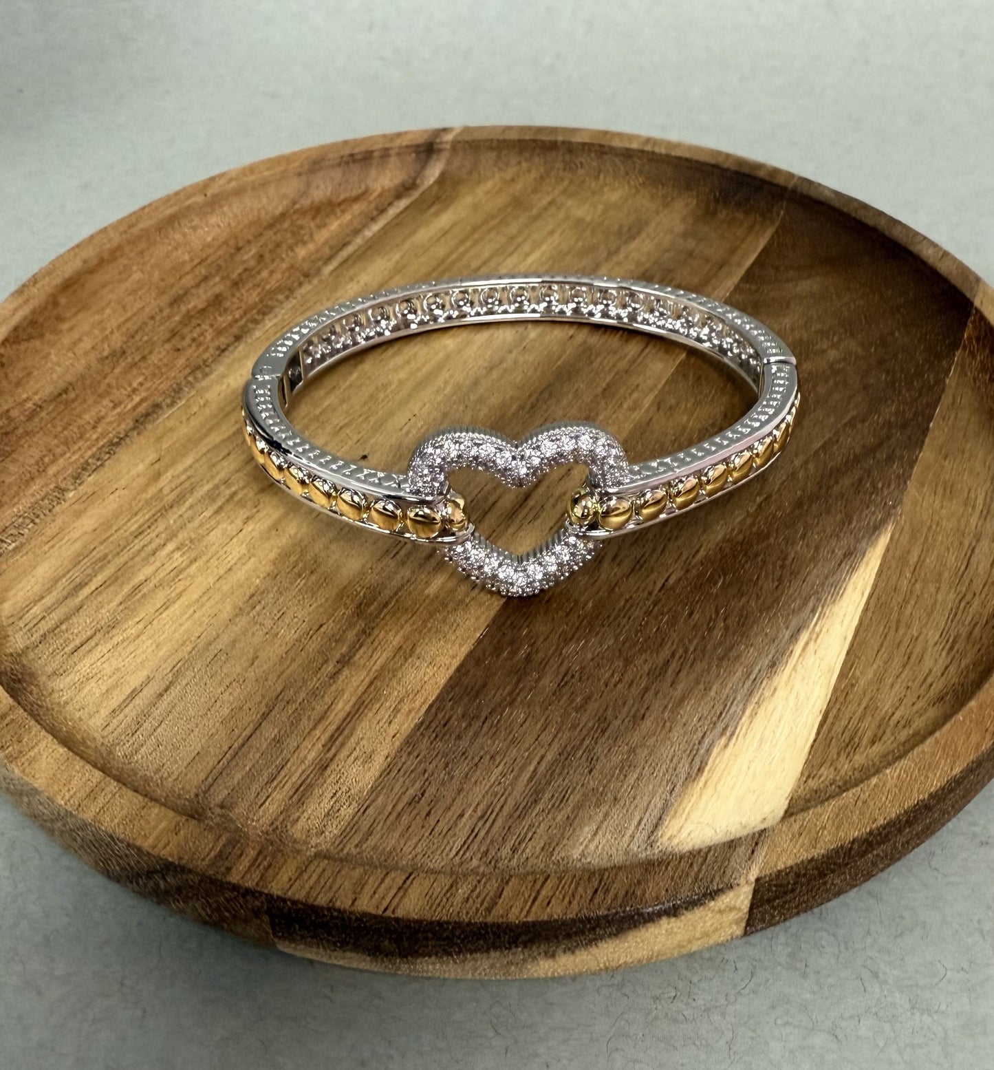 Mixed Metal Diamond Heart Hinged Cuff