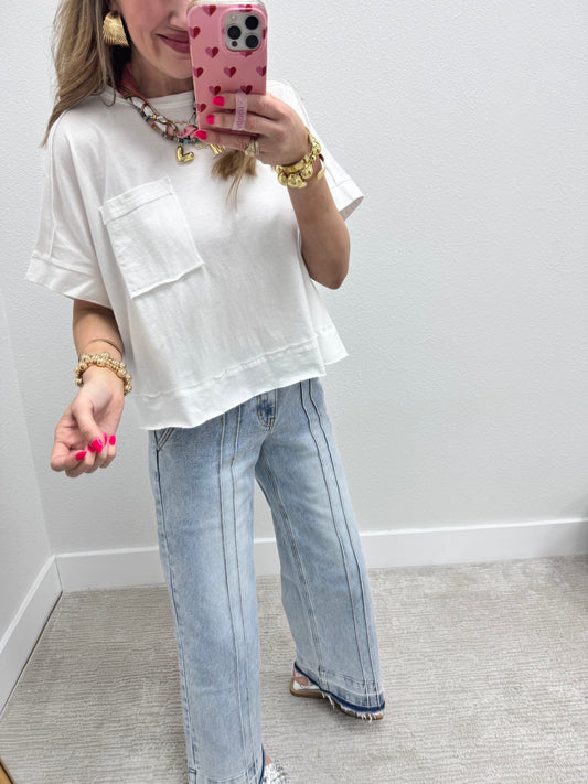 White Exposed Hem Boxy Crop Short Sleeve