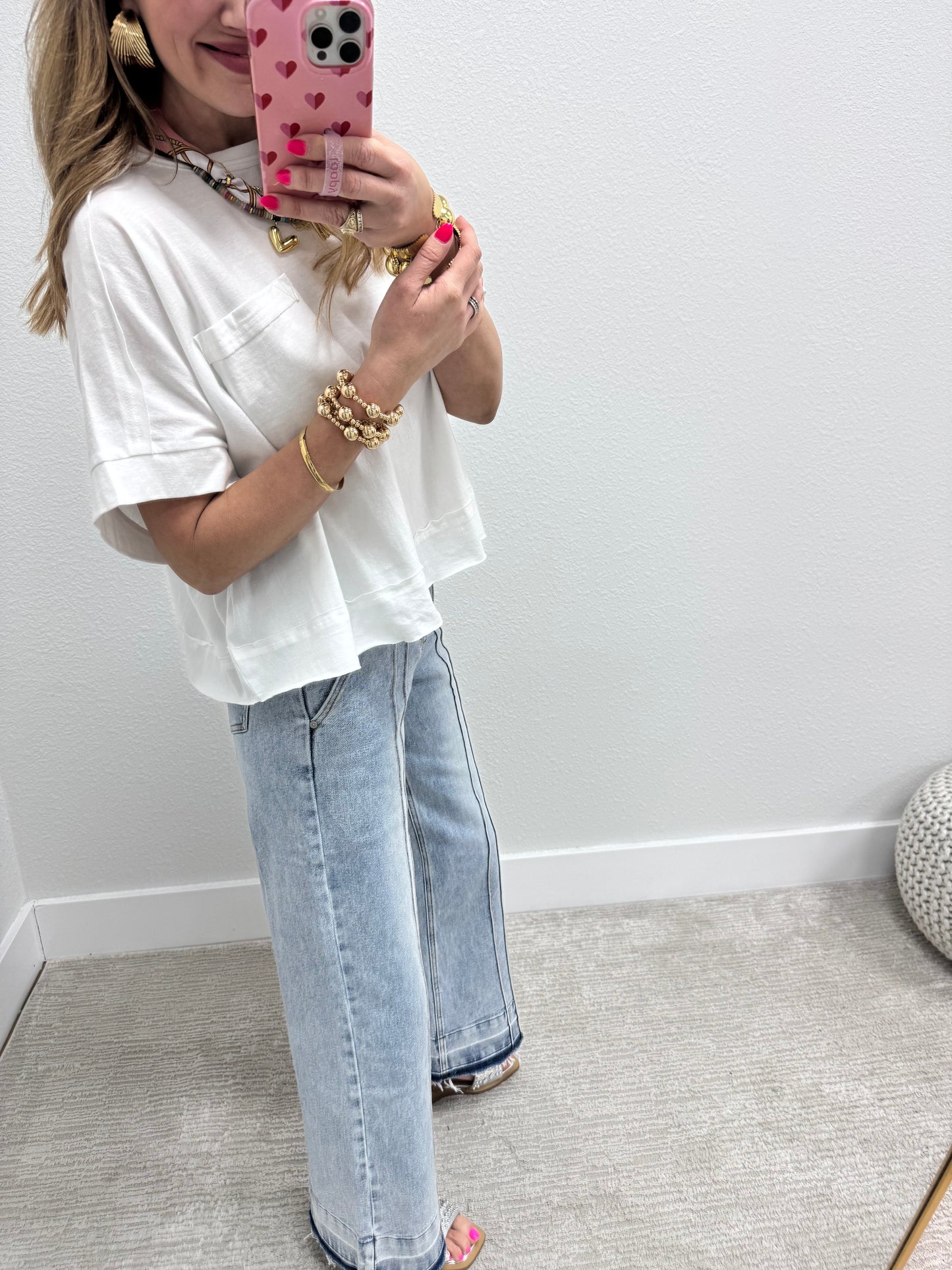 White Exposed Hem Boxy Crop Short Sleeve