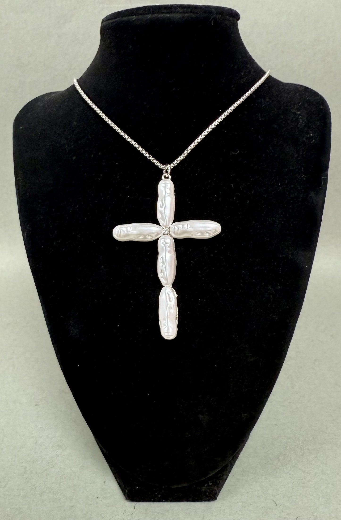 24" Mother of Pearl Drop Cross Necklace (Silver & Gold)