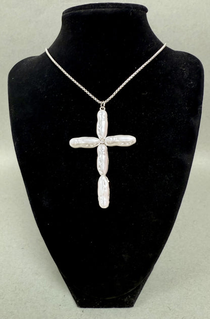 24" Mother of Pearl Drop Cross Necklace (Silver & Gold)
