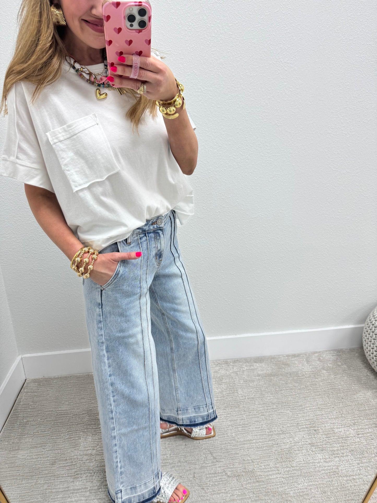 White Exposed Hem Boxy Crop Short Sleeve
