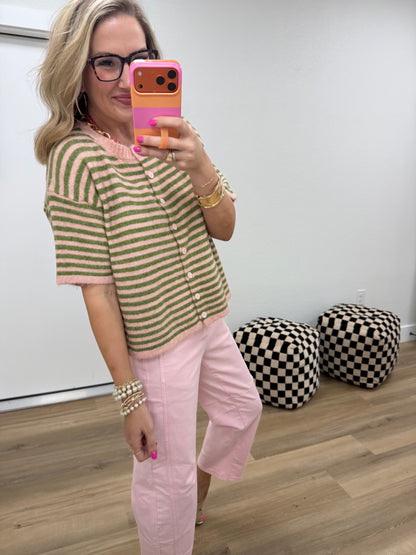 Pink & Green Short Sleeve Sweater Cardigan